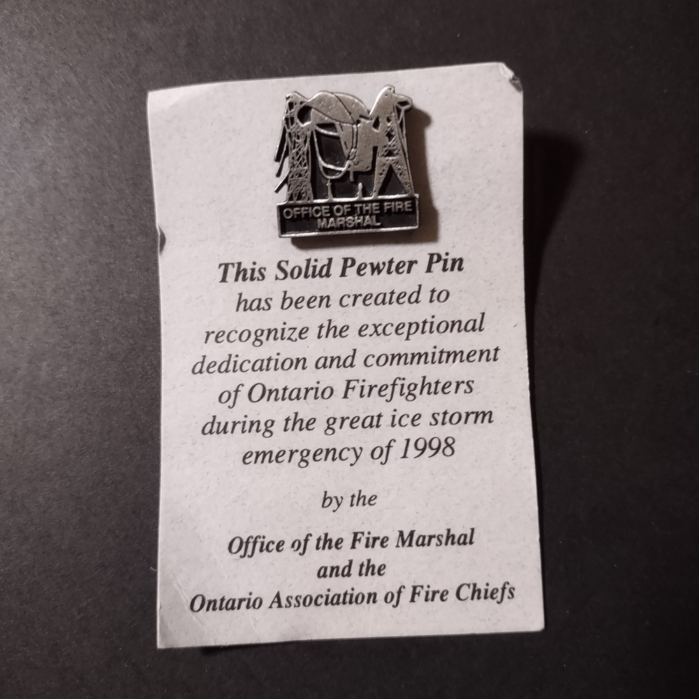 Solid Pewter Pin Ontario Firefighters 1998 Ice Storm Emergency